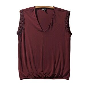 Express V-Neck Sleeveless Blouse Top XS Burgundy Crochet Trim Shirred Hem